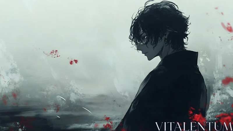 Solitary anime figure in dark tones against misty field.