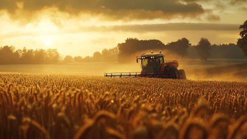 Modern combine harvester working in golden wheat field at dusk.
