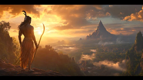 Sunlit archer gazing toward a misty sacred mountain realm.