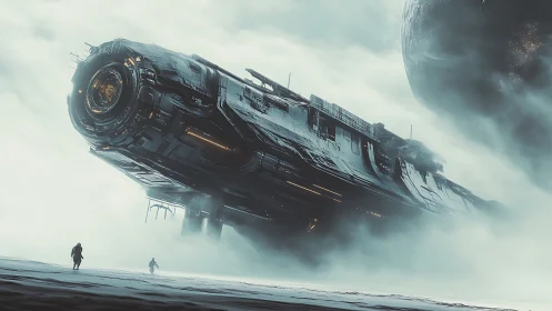 Massive starship descends through fog toward barren planet.