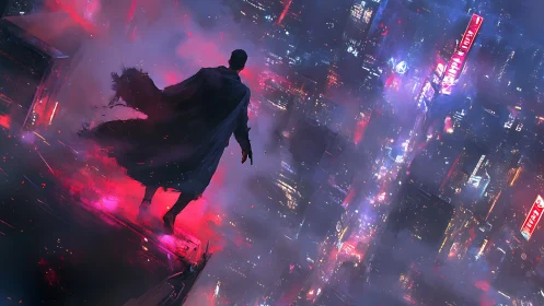 Midnight sentinel tilts over neon storms above the city