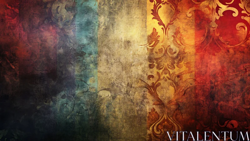 Vertical grunge stripes overlay faded ornamental damask motifs