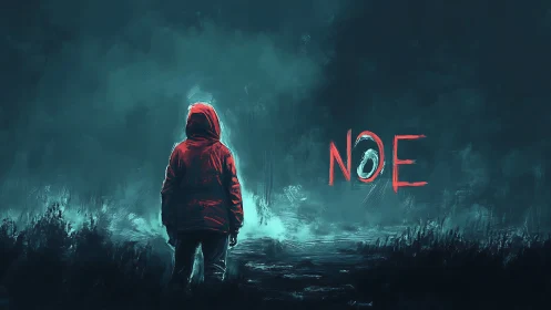 Hooded wanderer confronts eerie neon word in midnight fog.