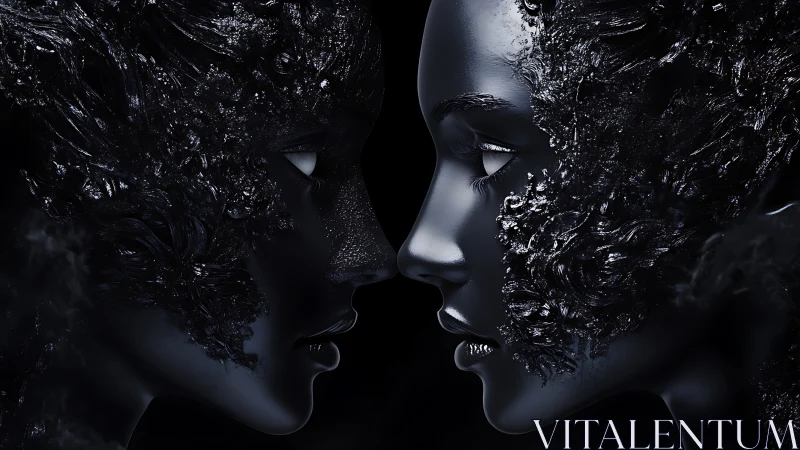 Mirrored obsidian faces merge through molten textured shadows.