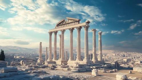 Ruined classical colonnade overlooking expansive ancient city.