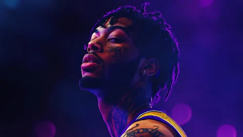 Neon-lit digital portrait of tattooed athlete in profile pose