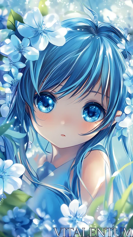Iridescent blue haired anime girl framed by luminous blossoms