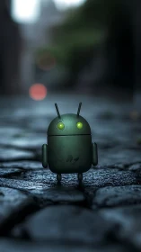 Small green robot stands on wet cobblestone street at dusk.