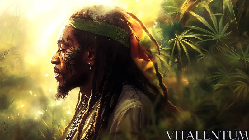 Sunlit profile portrait in lush golden tropical foliage.