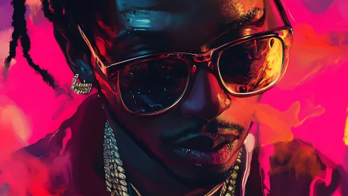 Neon-lit portrait shows stylish rapper in reflective shades