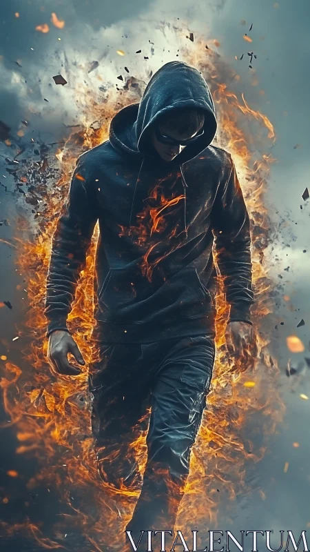 Hooded firewalker stepping calmly through swirling flames.