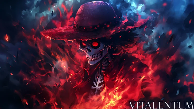 Flaming skeletal figure in hat occupies central composition