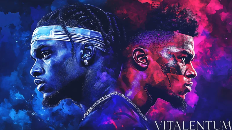 Dual neon portraits contrast blue and crimson energy fields.