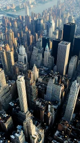 High-altitude oblique aerial of dense Midtown Manhattan skyline