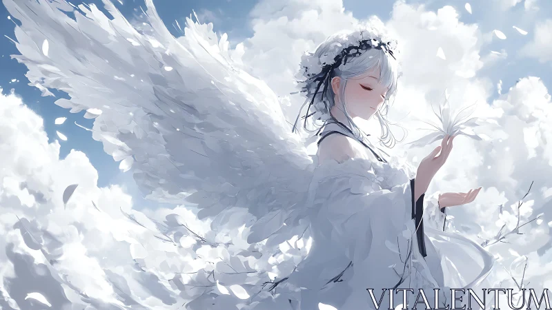 Seraphic winged girl in celestial cloudscape, high-key anime art