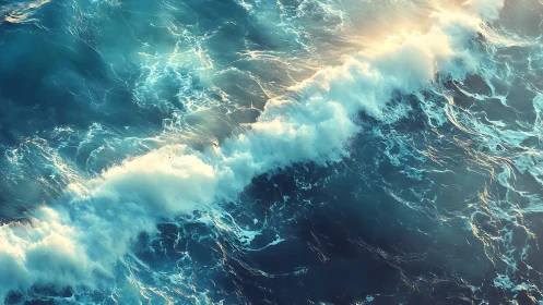Sunlit turquoise waves crash in a serene open ocean