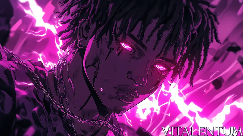 Neon-charged anime portrait with glowing magenta lightning aura