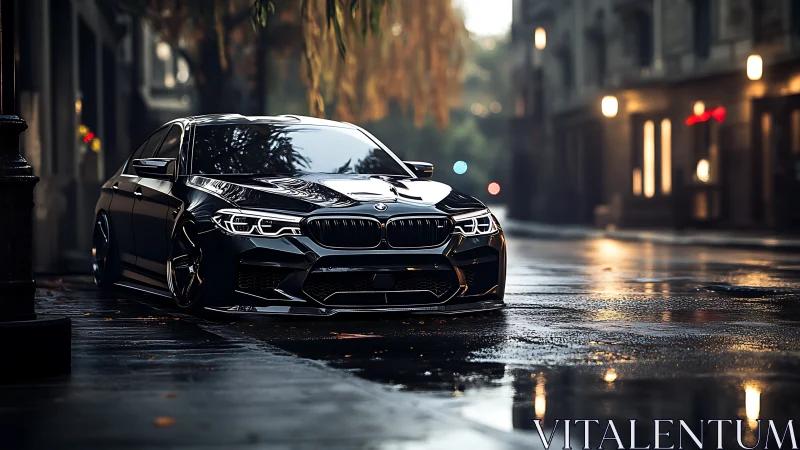 Low-slung performance sedan on rain-slick urban boulevard at dusk.
