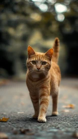 Ginger Tabby Cat Walking Forward with Sharp Directional Gaze