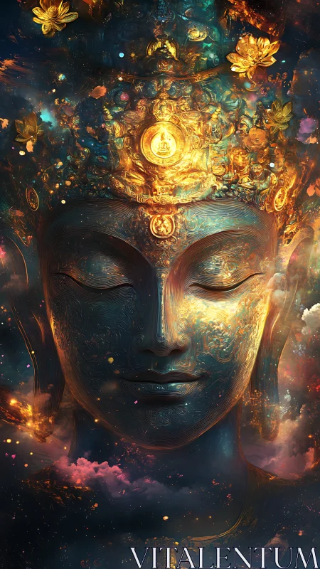 Cosmic Buddha portrait radiates luminous golden serenity.