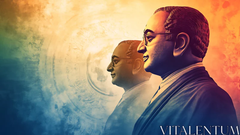 Twin bronze scholar silhouettes in sunrise colorstorm glow.