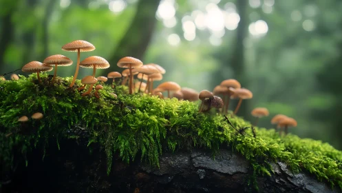 Mushroom chorus on mossy log under whispering forest light.