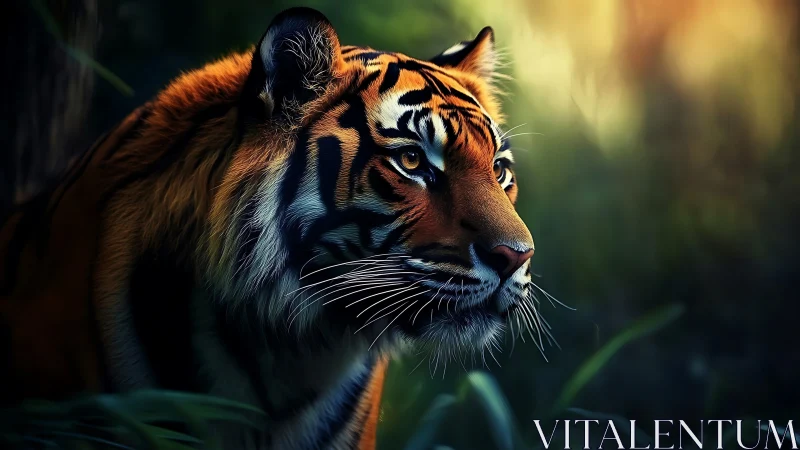 Gentle tiger gazing through glowing jungle twilight.