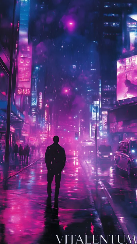 Neon rainwalker crossing a dream-drenched cyberpunk avenue.