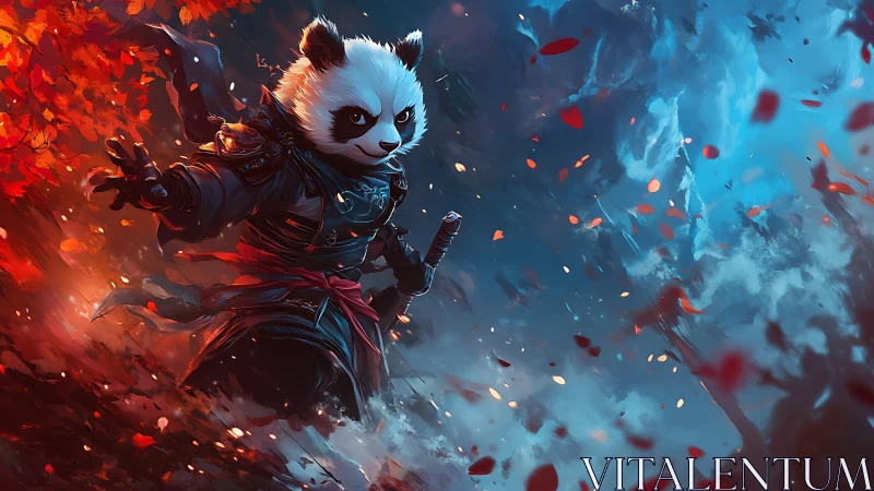 Martial panda warrior storms fiery autumn battlefield.