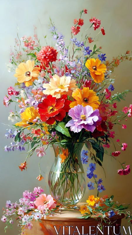 Vibrant Floral Arrangement in Glass Vase. Oil Painting.