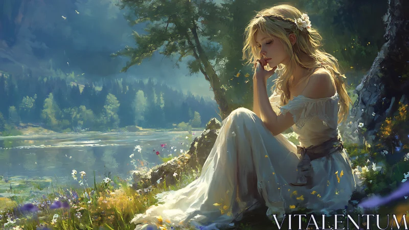 Young woman in white dress sits by lakeside in forest clearing