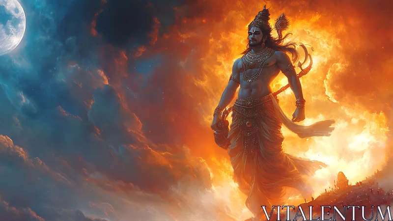 Moonlit sky warrior strides through molten dawn firestorm.