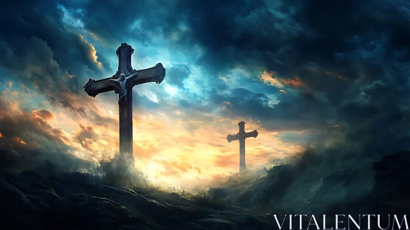 Stormlit hilltop crosses under blazing resurrection sky.