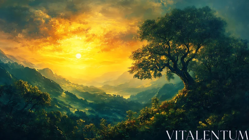 Sunlit valley landscape with high-contrast atmospheric perspective