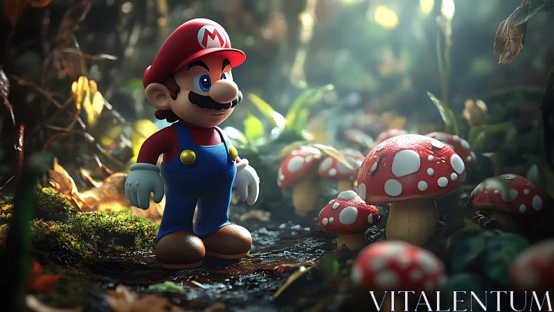 Mario-inspired explorer in luminous forest of red mushrooms.
