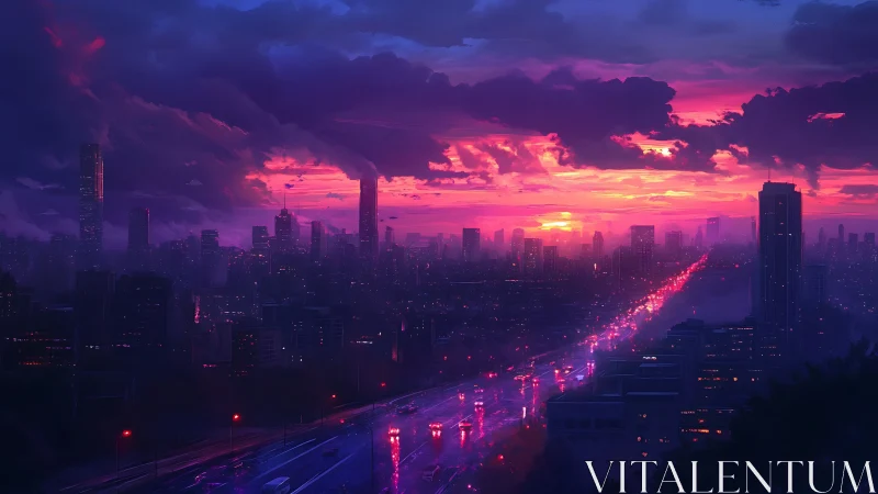 City skyline with neon-lit highway under vivid sunset sky