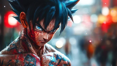 Battle-scarred anime warrior in neon-lit urban bokeh portrait.