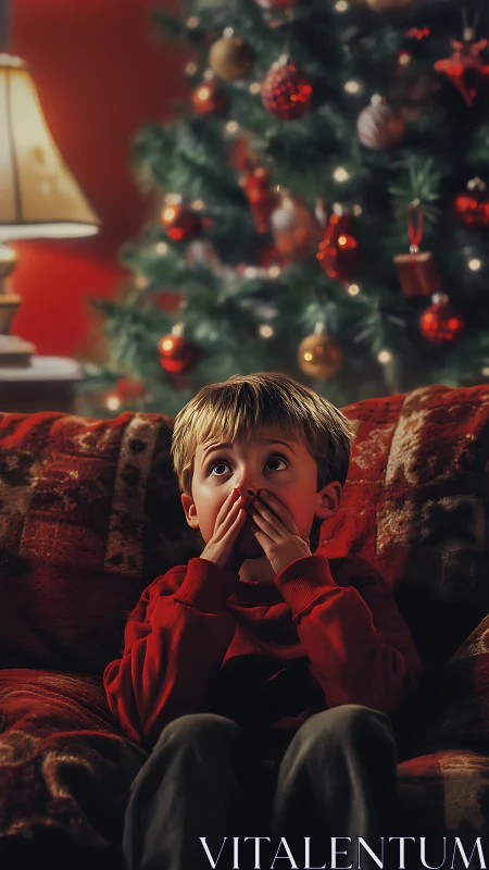 Christmas wonder as young boy gazes at glowing tree.