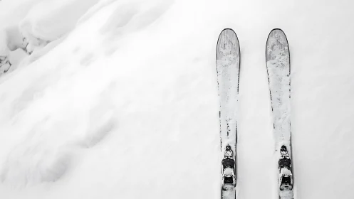 Top-down optical study of parallel skis on fresh snowfield.