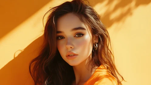 Sunlit portrait highlights soft glam against ochre wall.