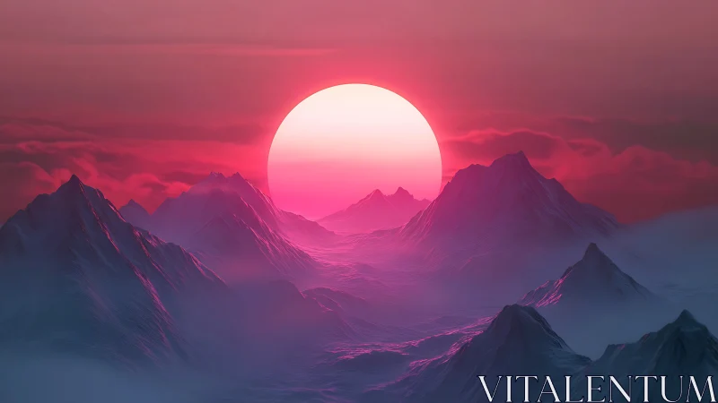 Glacial peaks drift under a neon sun melting the horizon