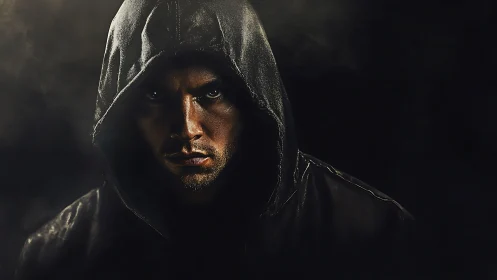 Low key portrait of hooded male under dramatic rim lighting.