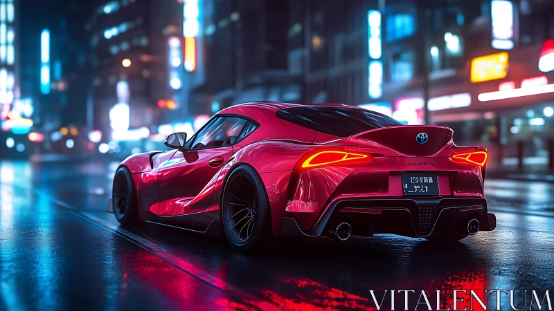 Neon red sports coupe under futuristic city rainlights.