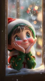 Yuletide child at frosted window in luminous 3D render.