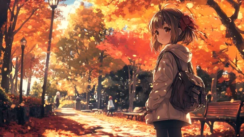 Girl with backpack walks through bright autumn park path