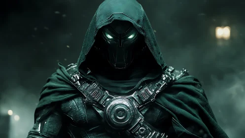 Armored hooded figure glares through neon shadows of war