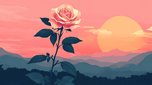 Soft sunrise rose lifts quietly above peaceful distant hills