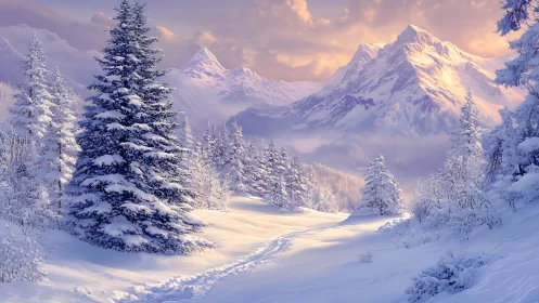 Radiant alpine snowfield with conifer silhouettes at dusk.