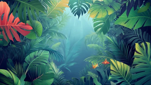 Lush digital jungle canopy framing a misty forest view.