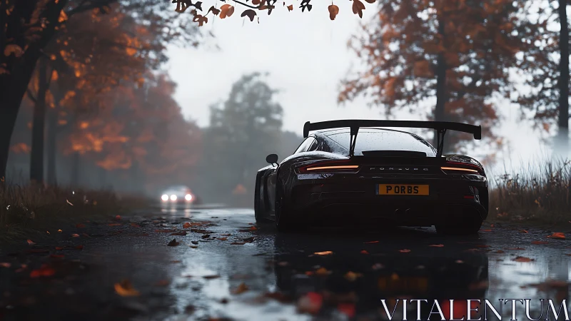Autumn road sprint with a sleek sports car in gentle rain.